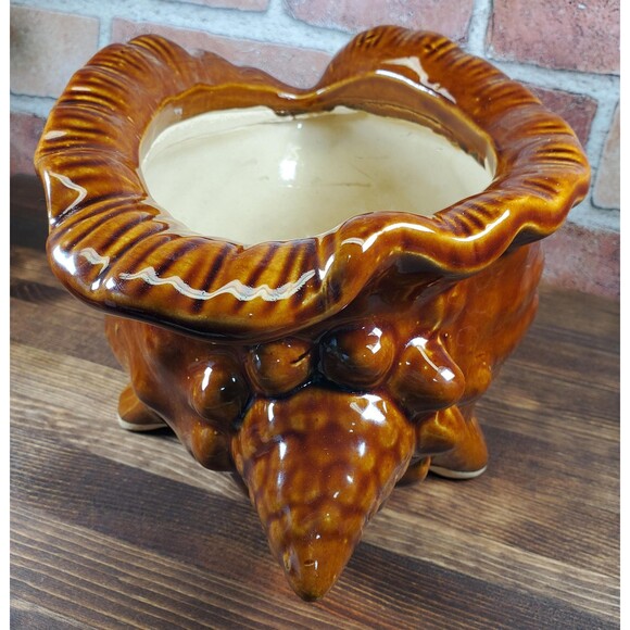 Vintage Brown Glazed Ceramic Conch Shell Planter, Seashell Nautical Decor - Picture 4 of 9